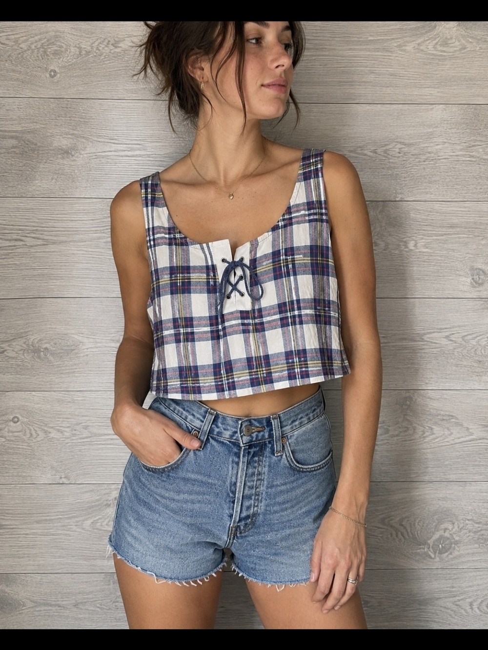 90's Lace Up Plaid Crop Top Blue White Authentic Vintage Size L